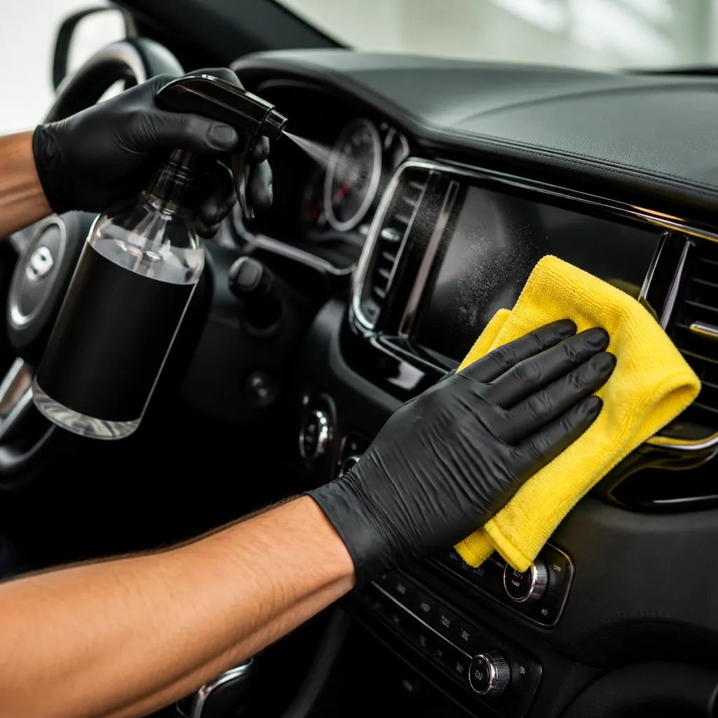 Detailer som polerar en högblank röd bil med microfiberduk